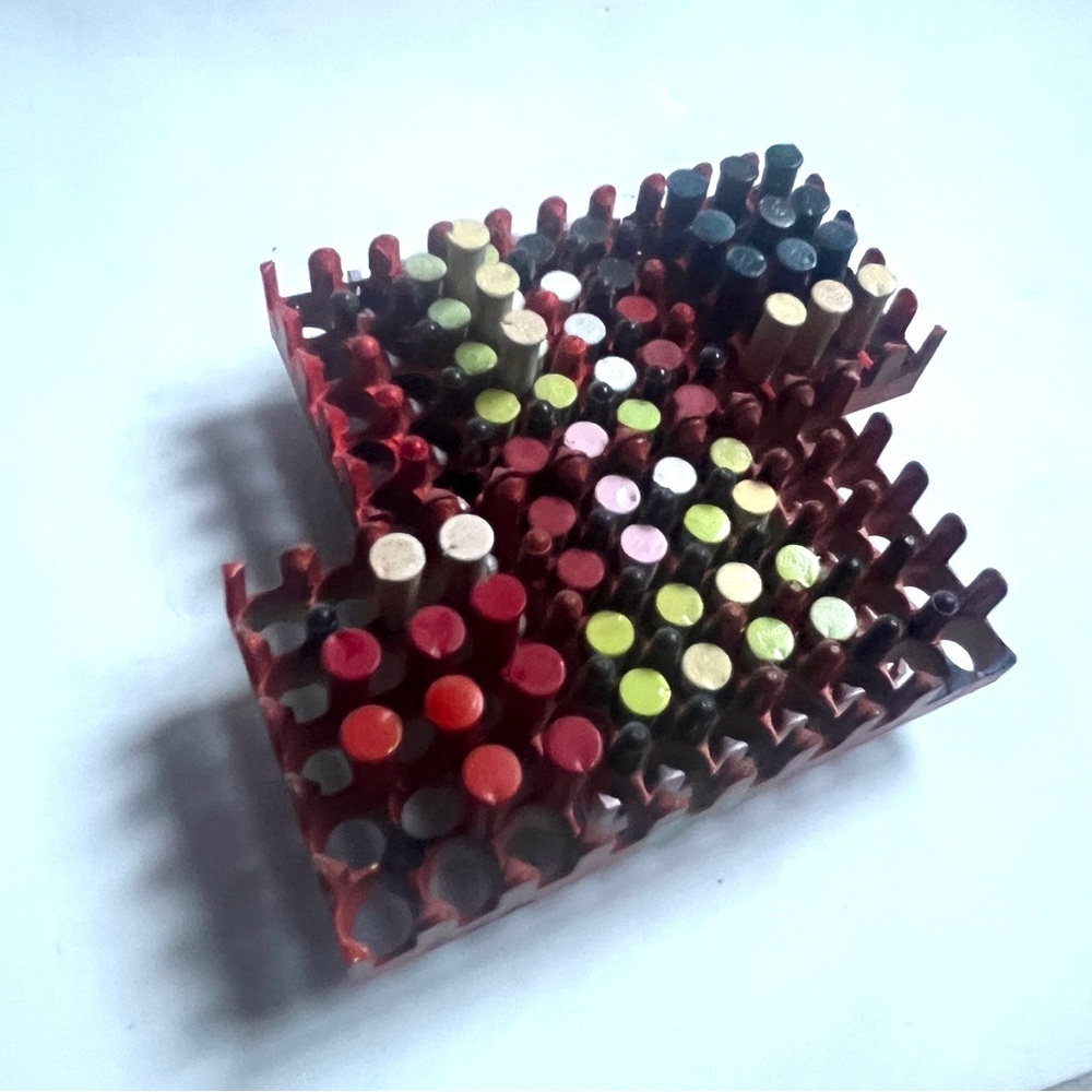Colorful Mixed Media Art Piece- reds, greens- brass & plastic Avant Guard.